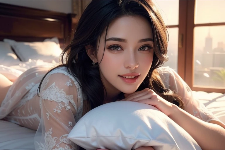 a gorgeous busty woman, beautiful detailed eyes, beautiful detailed lips, extremely detailed face, long eyelashes, nightie, sleeping gown, beautiful detailed smile, beautiful detailed teeth, POV, lover, cinematic dramatic lighting, (best quality,4k,8k,highres,masterpiece:1.2),ultra-detailed,(realistic,photorealistic,photo-realistic:1.37),HDR,UHD,studio lighting,ultra-fine painting,sharp focus,physically-based rendering,extreme detail description,professional,vivid colors,bokeh,portrait,photorealistic,cinematic