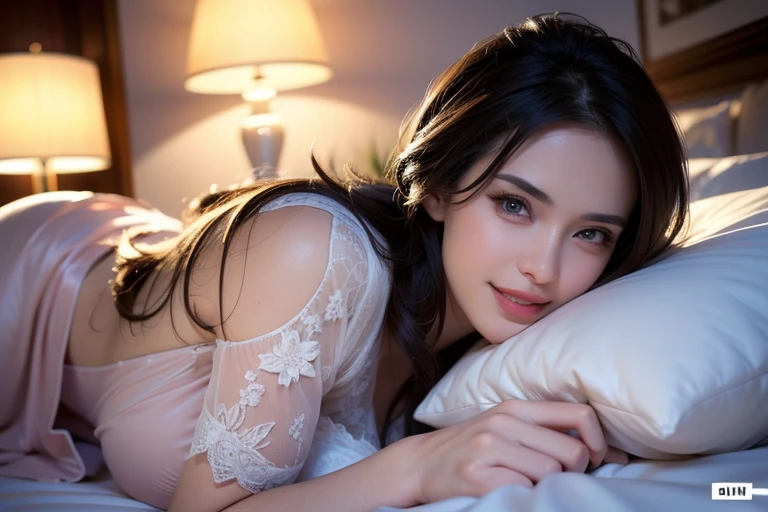 a gorgeous busty woman, beautiful detailed eyes, beautiful detailed lips, extremely detailed face, long eyelashes, nightie, sleeping gown, beautiful detailed smile, beautiful detailed teeth, POV, lover, cinematic dramatic lighting, (best quality,4k,8k,highres,masterpiece:1.2),ultra-detailed,(realistic,photorealistic,photo-realistic:1.37),HDR,UHD,studio lighting,ultra-fine painting,sharp focus,physically-based rendering,extreme detail description,professional,vivid colors,bokeh,portrait,photorealistic,cinematic