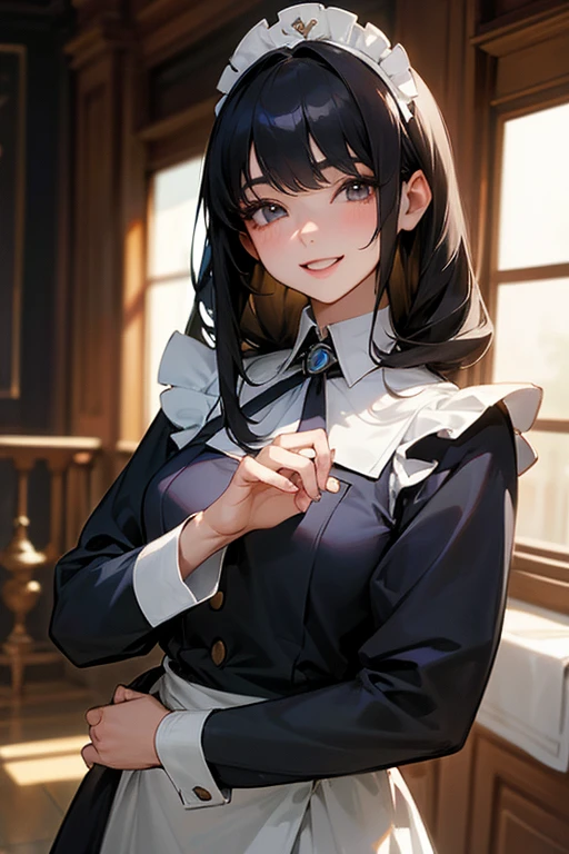 (Highest Resolution, clear_image) Highest quality, single, One woman, alone, masterpiece, Very detailed, Semi-realistic, Black Hairのショートヘア, Black Hair, bangs, 18-year-old, mature, light blue uniform, uniform, Indoor Background, kind, Authoritative, Powerful, exquisite features, exquisite features、Eyelashes become longer、Showing teeth、smile😀、Maid clothes、woman&#39;Fingers in the、Long Hair、Fluttering in the wind、Navy blue clothes、Long Hair、