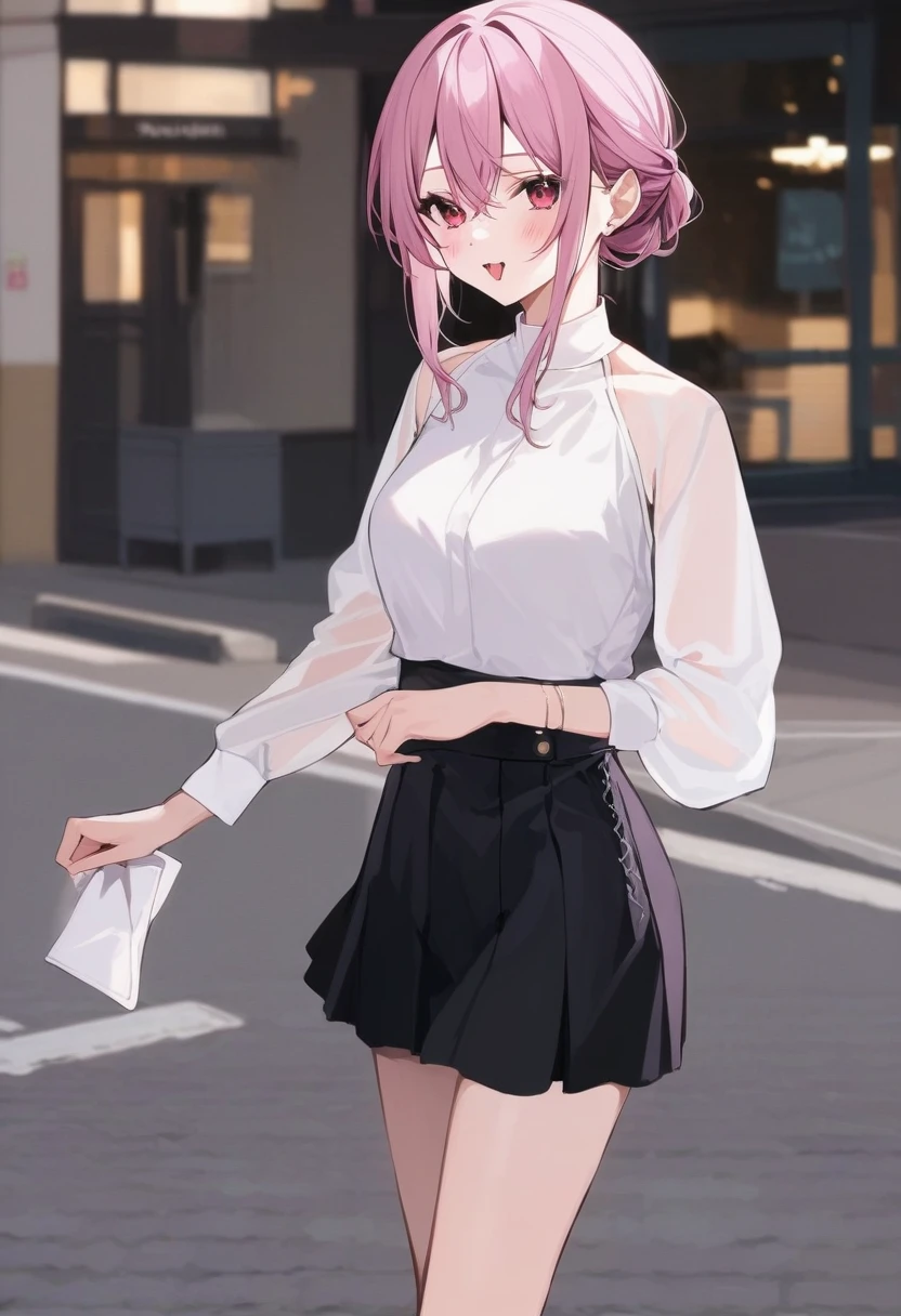 masterpiece, (best qulaity:1.3), 8K, wallpaper, depth of field, (1girl, asta_\(star_rail\),, medium hair, pink hair, hair ornament, blue eyes, white pupils, ((bra visible through clothes, see-through)), wet, (shirt, wet shirt:1.5), (closed mouth, smile:1.4), outdoors, (city), (rain, grey sky:1.3), (medium breasts:1.2), ((pleated skirt)), looking at viewer, short sleeves)