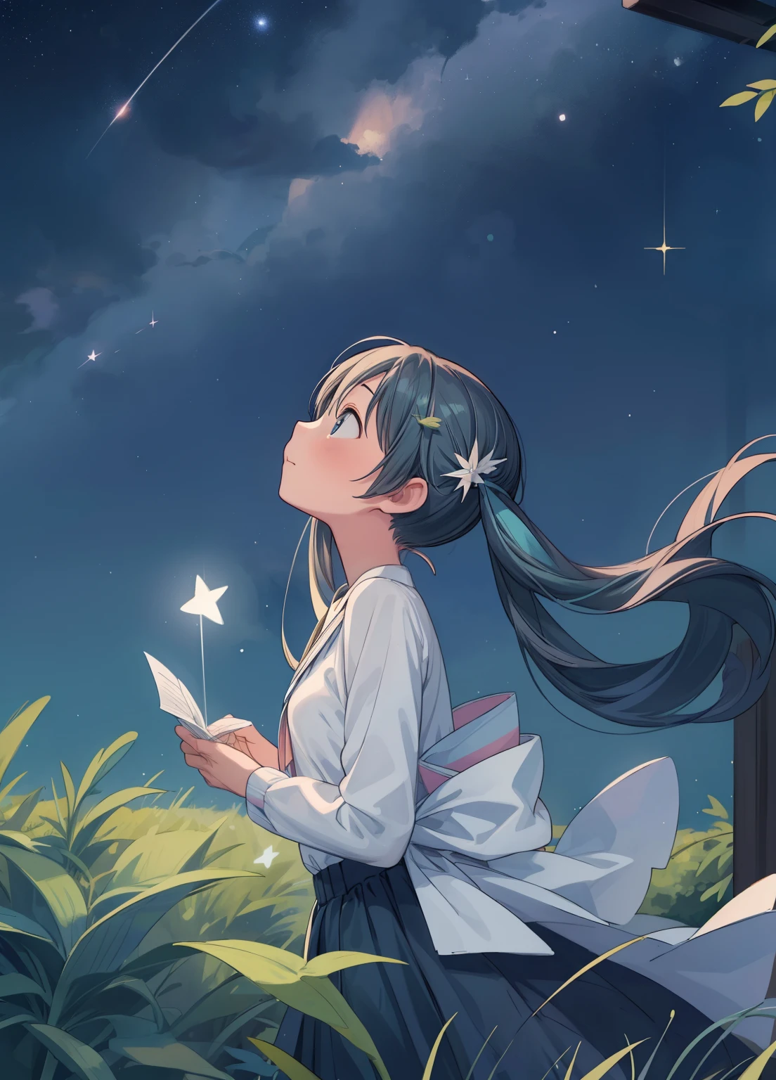 (masterpiece、Highest quality、Highest quality、Official Art、Beautiful and beautiful:1.2)、(One girl:1.3)Hatsune Miku、Twin tails,Beautiful breasts,Starry Sky、milky way、Tanabata、Orihime、Altair、Deneb、altair、Vega、Summer Great Triangle、Looking up at the night sky、grassland、shooting star、Bamboo leaf、Wish on a strip of paper、Night sky full of sky