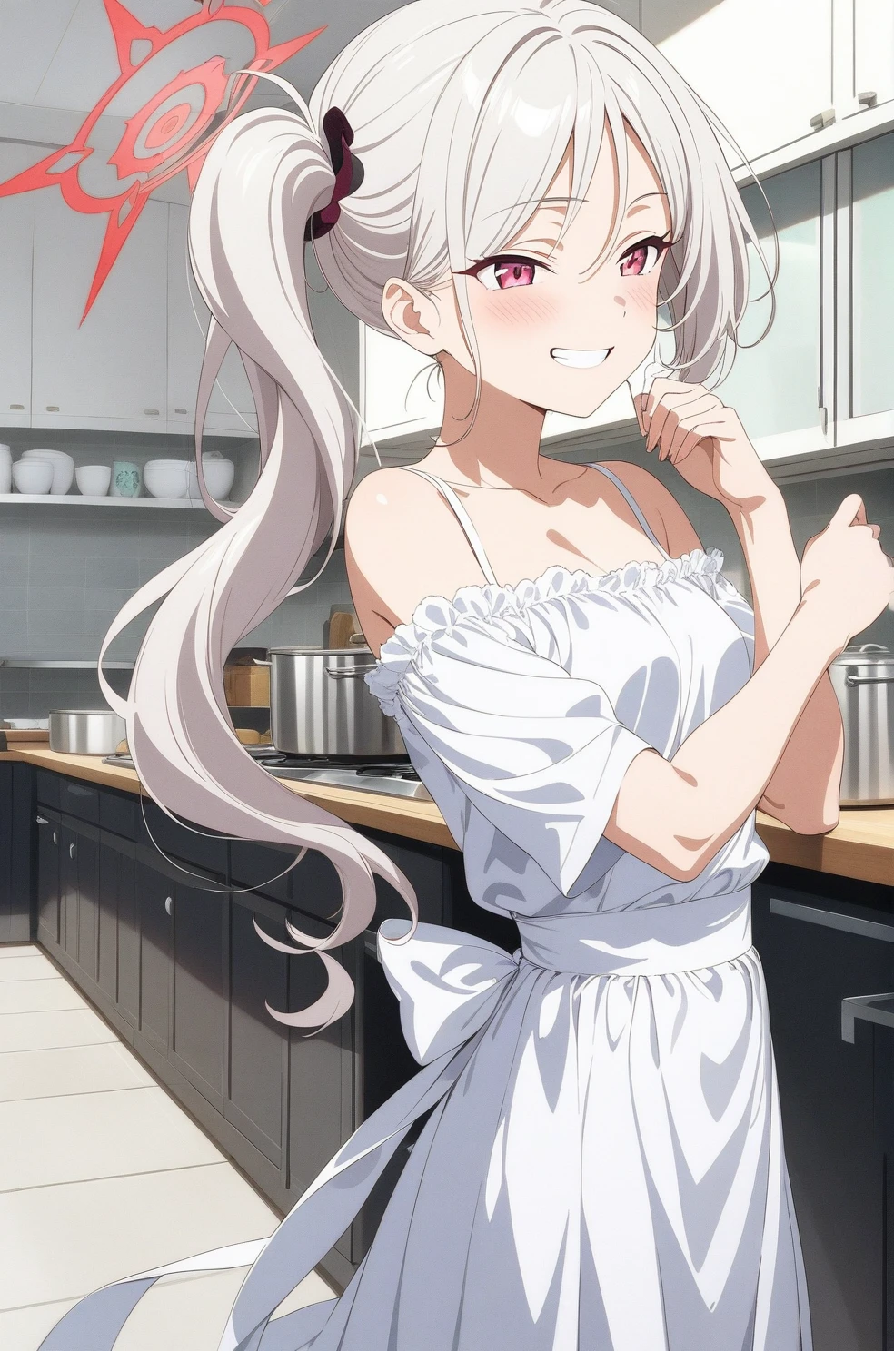best quality, amazing quality, very aesthetic, absurdres, (1girl, mutsuki, blue archive, solo, red eyes, white hair, side ponytail), (realistic face:0.9),(off-shoulder dress:1.8),dress lift, (grin, blush, thigh:1.3), (cowboy shot), (glowing eyes), (half closed eyes:0.9), (from side:2),(official art:1.3), (kitchen), expressive eyes, perfect face, 4k, extremely detailed anime illustration, extremely detailed eyes, perfect anatomy, light rays, extremely delicate body, smooth skin, (school background:1.5), clear eyes, beautiful face, small breasts,(anime style:1.7), (highres:2), In the kitchen, brightly lit by the morning sun, a woman in a white apron is smiling at us. In her right hand is a handful of rice balls, and in her left is a small white plate filled with salt. Her smile is as if she is saying, "Look, it's almost ready.