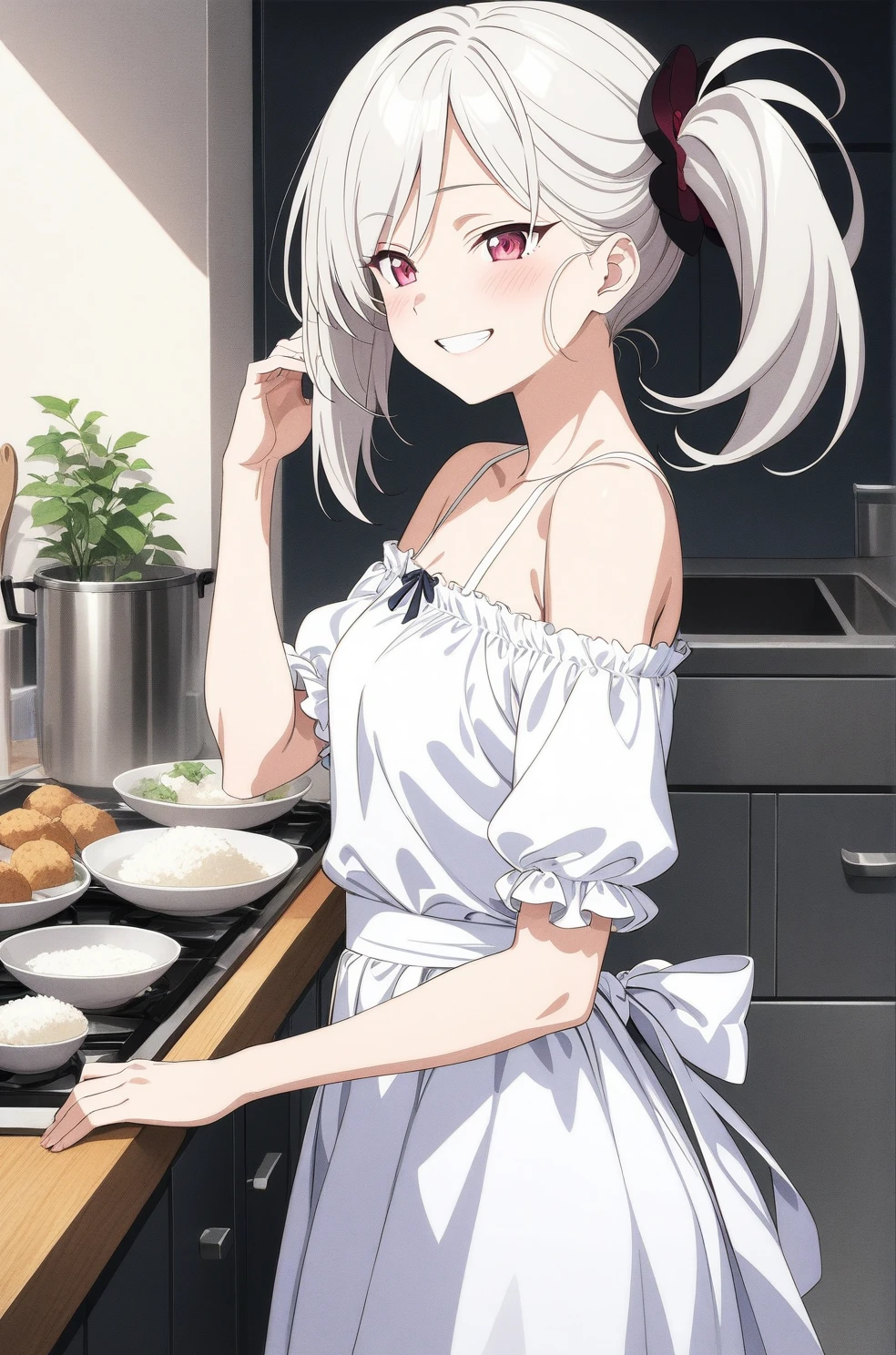best quality, amazing quality, very aesthetic, absurdres, (1girl, mutsuki, blue archive, solo, red eyes, white hair, side ponytail), (realistic face:0.9),(off-shoulder dress:1.8),dress lift, (grin, blush, thigh:1.3), (cowboy shot), (glowing eyes), (half closed eyes:0.9), (from side:2),(official art:1.3), (kitchen), expressive eyes, perfect face, 4k, extremely detailed anime illustration, extremely detailed eyes, perfect anatomy, light rays, extremely delicate body, smooth skin, (school background:1.5), clear eyes, beautiful face, small breasts,(anime style:1.7), (highres:2), In the kitchen, brightly lit by the morning sun, a woman in a white apron is smiling at us. In her right hand is a handful of rice balls, and in her left is a small white plate filled with salt. Her smile is as if she is saying, "Look, it's almost ready.