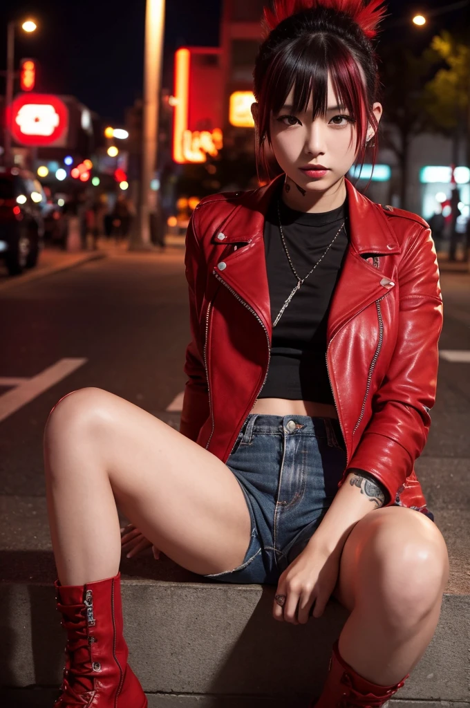 Downtown at night、Japanese young beautiful girl idol、Red Mohawk、Punk Fashion、Expose large breasts、Leather jacket with studs、Naked with a guitar between his legs、Tattoo、Falachio