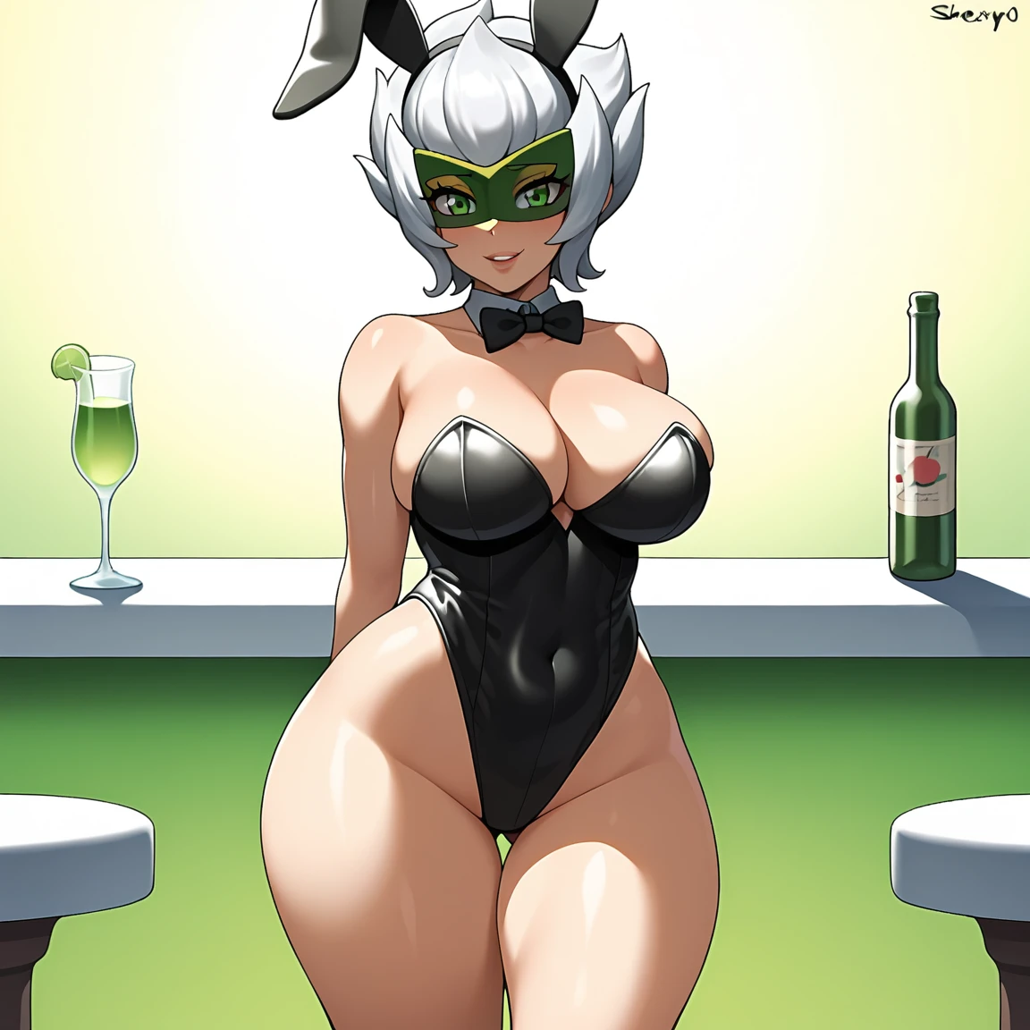 1girl, breasts, animal_ears, Roserade_(Pokémon), playboy_bunny, bunny_ears, collar_detached, green_eyes, short_hair, solo, big breasts, black_hair, leotard, looking at viewer, covered navel, bowtie, cleavage, bare legs, animal_ears fake, smile, bow, high leg, shiny, black leotard, ultra thick thighs, bare shoulders, super thick thighs, high leg leotard, shiny skin, arms behind the back, fringe, strapless leotard, lips, strapless, cowboy shot, bottle, wide hips, shiny clothes, inside from home, open lips, bar_(place), black_arch, clavicle