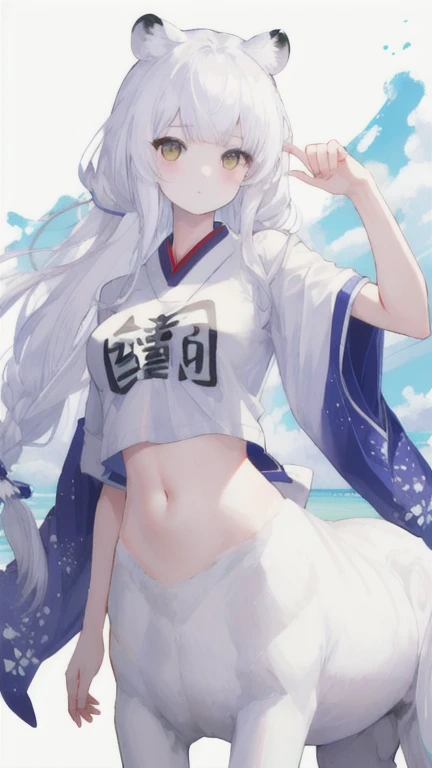 (best quality, masterpiece), 1 girl, centaur, It takes, White skin, Japanese , exposing the abdomen,belly button t-shirt, 아름다운 소녀 perfect white tiger photo, perfect white tiger photo