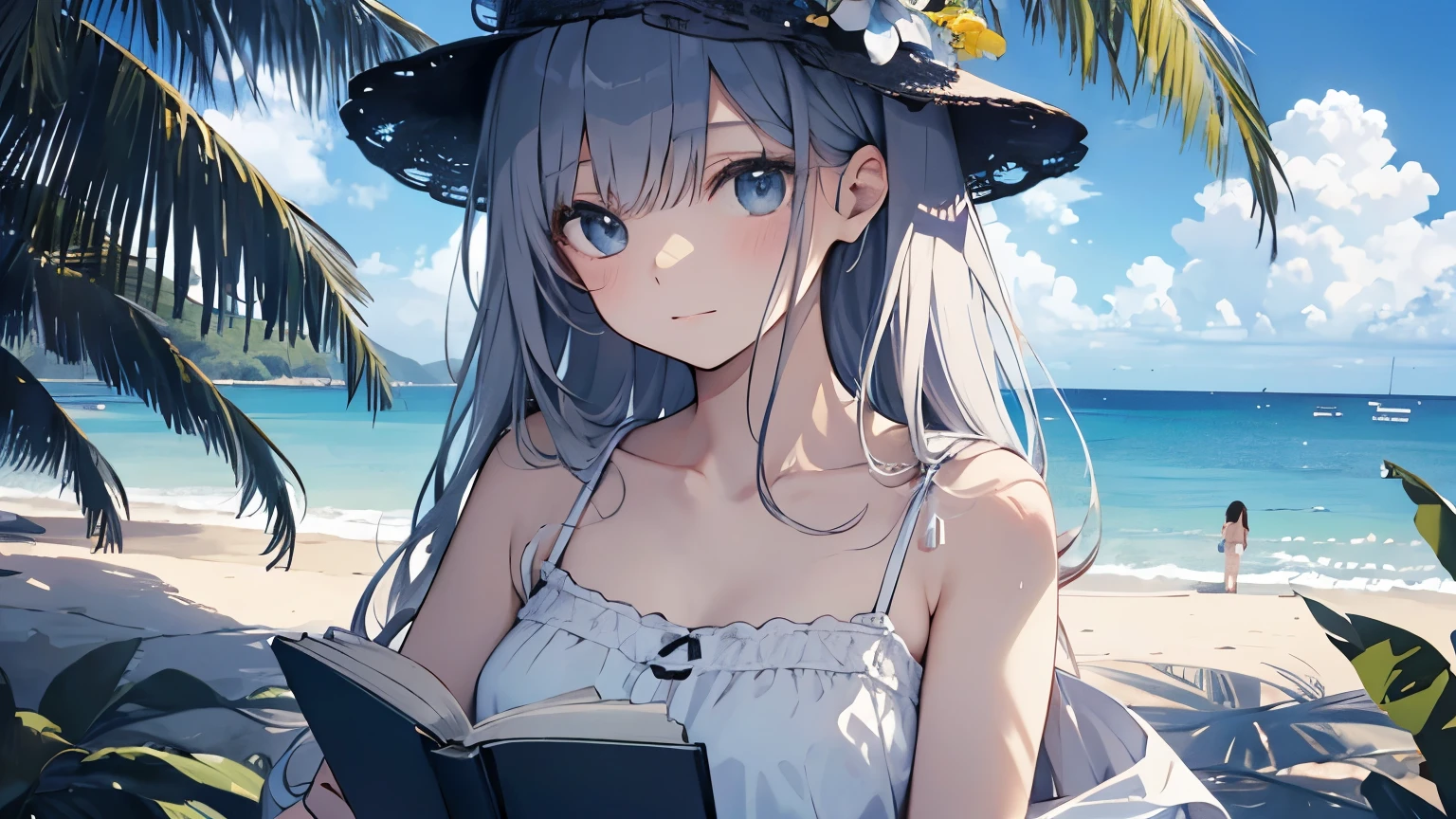 (Cute older sister:1.3)、((Very detailed)) sky、((1 person)),,White camisole,I have a book,Ocean,Tropical atmosphere,Summer sky