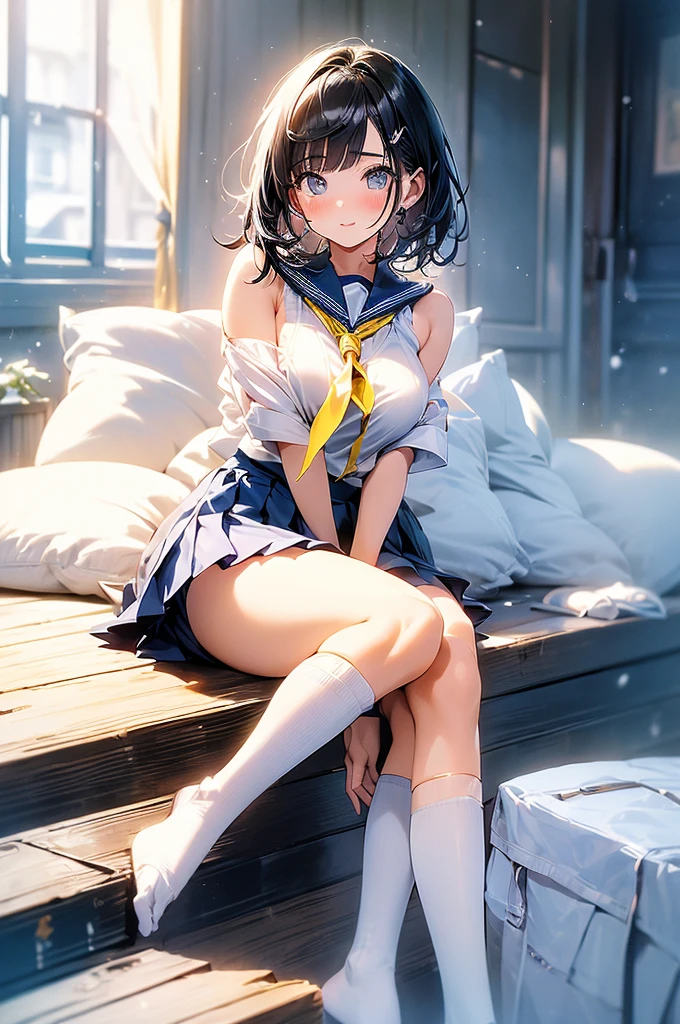 NSFW、((masterpiece、Highest quality、High resolution、超High resolution、Pixel Perfect、pen depth、4K、RTX、Human Development Report)))、1 girl、single、One person、Beauty、The whole body is visible、(Black Hair、Very Short Hair、Boyish cut)、((blue eyes、Beautiful eyelashes、Realistic eyes))、((Detailed face、blush:1.2))、((Smooth texture:0.75、livelyとした質感:0.65、lively:1.1、Anime CG Style))、(Big Breasts、Big Tits)、Perfect body、smile、魅力的なsitting方、Brewing tea in a teapot、(The wind blows my hair、Exposing shoulders、Exposing breasts)、Heavy snowfall at night、(((Show your pants:1.3)))、M-shaped legs:1.4. Highest quality、masterpiece、High resolution、(Head to toe図)、front、front少し下からの構図、Symmetrical、18 years old tall older girl、One person、(Head to toe)、(White mesh panties、White luxury underwear)、(Sailor suit summer uniform、Short sleeve、Navy blue micro mini skirt、Navy Pleated Skirt、Yellow tie、White Short Socks)、(Spread your legs座る)、(Crouching pose)、(A composition that shows white pants)、(Spread your legs、I see white pants。)、(私はSpread your legs床に座らされました。)、((((M-shaped legs:1.4))))、Thin legs、Very beautiful and tall 18 year old girl、(No shoes)、Blushing、Shy big eyes、looking at the camera、((Sailor suit summer uniform、Short sleeve、Navy blue micro mini skirt、Navy Pleated Skirt、White mesh panties、Yellow tie、White Short Socks))、NSFW、((Vulgarity))、sitting、Women's High、classroom、独奏、Women's High生