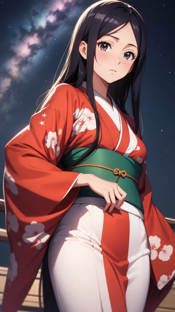 anime, 1 woman, 20 years old, Black Hair, Orihime,kimono,milky way,Starry Sky