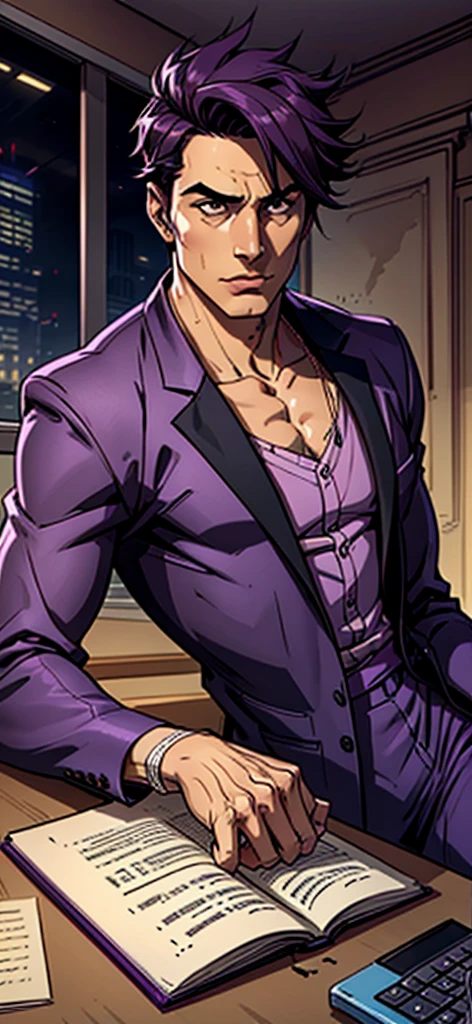Create an image of a male debater wearing purple clothes, showing clear disinterest in a smartphone. He should be holding the phone, but his attention is focused elsewhere, such as engaging in a lively conversation or contemplating a complex idea. The setting can be a modern environment like a cafe or library, highlighting his preference for intellectual stimulation over digital distractions. The overall mood should convey his disinterest in technology and his passion for debate and discussion.