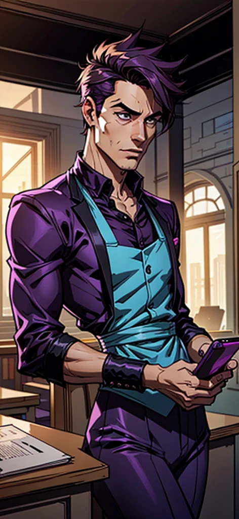 Create an image of a male debater wearing purple clothes, showing clear disinterest in a smartphone. He should be holding the phone, but his attention is focused elsewhere, such as engaging in a lively conversation or contemplating a complex idea. The setting can be a modern environment like a cafe or library, highlighting his preference for intellectual stimulation over digital distractions. The overall mood should convey his disinterest in technology and his passion for debate and discussion.