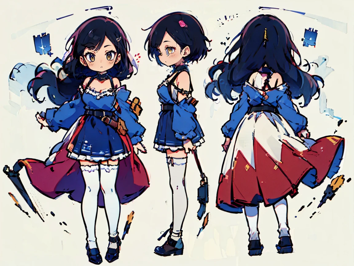 (((three-sided view, front view, side view, back view, multiple views, multiple poses and expressions, many parts)), concept art, character concept art, character sheet, Full body, illustration, (simple background, gray background), 1 character, 1girl, fantasy art:1.1), (hui xiyi:0.8), rekkyo sensen, rekkyou sensen, girls with((black hair, bangs, (one side up, long wavy hair, ribbon:1.55), perfect hands, perfect fingers, (exposed breasts, tits cleavage, breasts close up:1.2), dress((suspenders, dress, belt, nun:1.15), (blue clothes, frills shirt, white knit sweater, long sleeves, frills dress, frills skirt, wind blowing dress, long sleeves, (white legwear:1.55), thighhighs, black footwear, strap shoes:1.42))