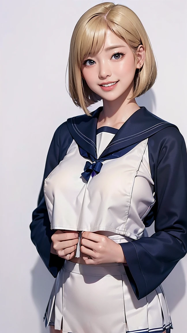 (masterpiece,highest quality,High resolution,Realistic:1.2),(A high school girl wearing a long-sleeved sailor uniform:1.2), (She is wearing a short navy blue pleated skirt, so a little bit of her white panties are visible.:1.2),(Smiling with some teeth showing:1.3),(bob cut, blonde, gal makeup:1.3),(beautiful hands:1.3),(woman&#39;s hand:1.3),(Reduce exposed skin,The belly is not exposed:1.2),(cowboy shot:1.5),(16 year old Japanese female:1.2),(clothing that fits:1.2),(school hallway:1.3), (camel toe:1.3), (big butt, thick thighs:1.2), (A is seen from below:1.4)