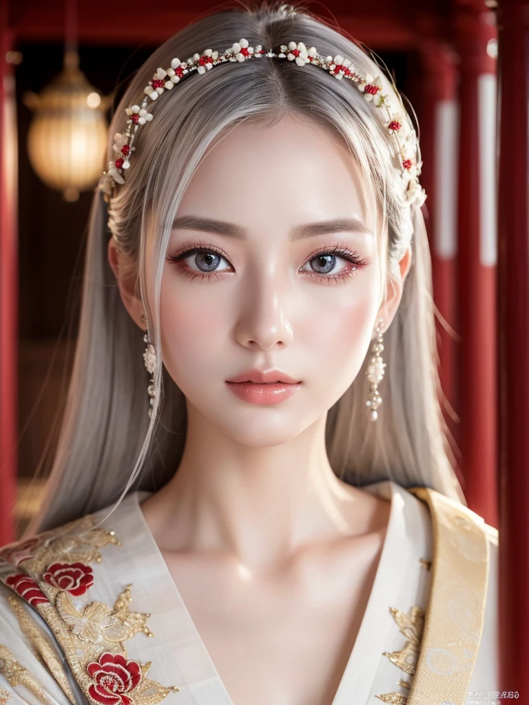 beautiful detailed eyes, beautiful detailed lips, extremely detailed eyes and face, long eyelashes, 1girl, silver hair, pale skin, flawless skin, red and white kimono, ornaments, Ancient temple, dramatic lighting, ethereal, elegant, Serene, vibrant colors, glowing skin, delicate features, intricate details, (best quality,8K,highres,masterpiece:1.2),ultra-detailed,(realistic,photorealistic,photo-realistic:1.37)、Korean national costume