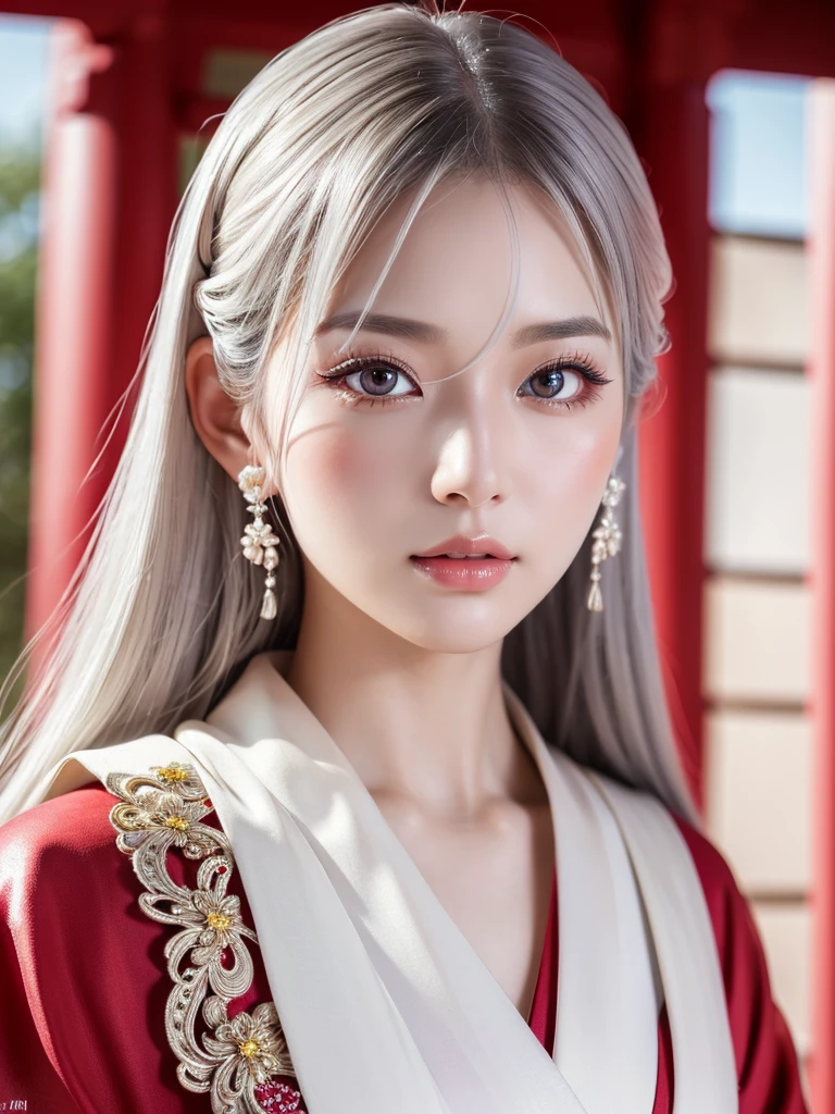 beautiful detailed eyes, beautiful detailed lips, extremely detailed eyes and face, long eyelashes, 1girl, silver hair, pale skin, flawless skin, red and white kimono, ornaments, Ancient temple, dramatic lighting, ethereal, elegant, Serene, vibrant colors, glowing skin, delicate features, intricate details, (best quality,8K,highres,masterpiece:1.2),ultra-detailed,(realistic,photorealistic,photo-realistic:1.37)、Korean national costume
