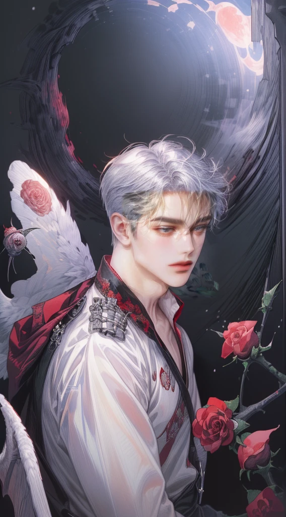 ((4K works))、masterpiece、(top-quality)、((high-level image quality))、((One Beautiful Fallen Angel Man))、Slim body、((Vampire Black Y-Shirt Fashion))、(Detailed beautiful eyes)、((Red roses and crows on fantastic black background))、Inside the Evil Castle、((Face similar to Chaewon in Ruseraphim))、((short-haired))、(((bright silver hair)))、((Smaller face))、((Neutral face))、((Red Eyes))、((Korean Male))、((18year old))、((wild boy))、((Bad look))、((Show your teeth and smile))、((Korean makeup with black eyeshadow))、((elongated and sharp eyes))、((Shot alone))、((Fallen angels))、Photos of fallen angels、Villain、Dark Proof、((Shot diagonally from the side))、Fallen Angel Pose