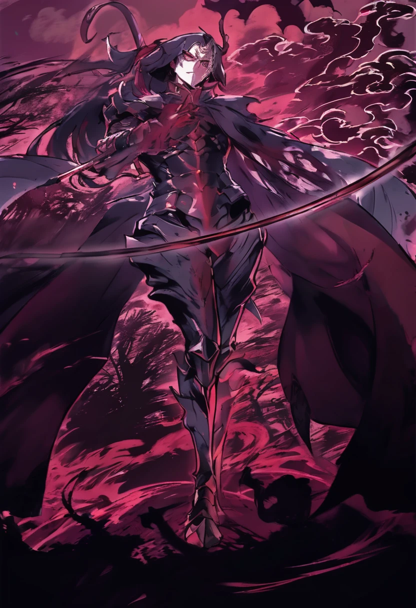 anime character with a sword and a cape standing in front of a red sky, beautiful male god of death, from overlord, shalltear bloodfallen, the former demon king, demon slayer artstyle, trigger anime artstyle, detailed key anime art, shalltear from overlord, anime epic artwork, portrait of ninja slayer, zerochan art