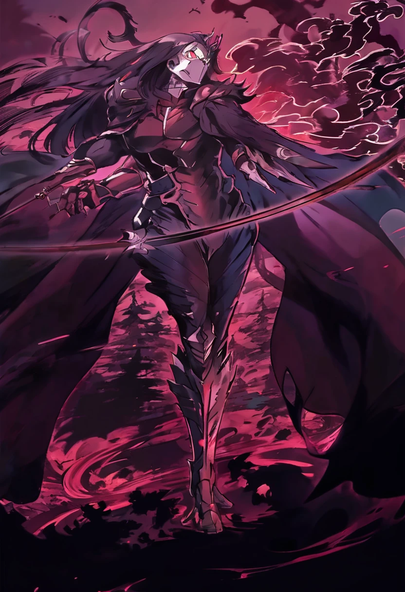 anime character with a sword and a cape standing in front of a red sky, beautiful male god of death, from overlord, shalltear bloodfallen, the former demon king, demon slayer artstyle, trigger anime artstyle, detailed key anime art, shalltear from overlord, anime epic artwork, portrait of ninja slayer, zerochan art