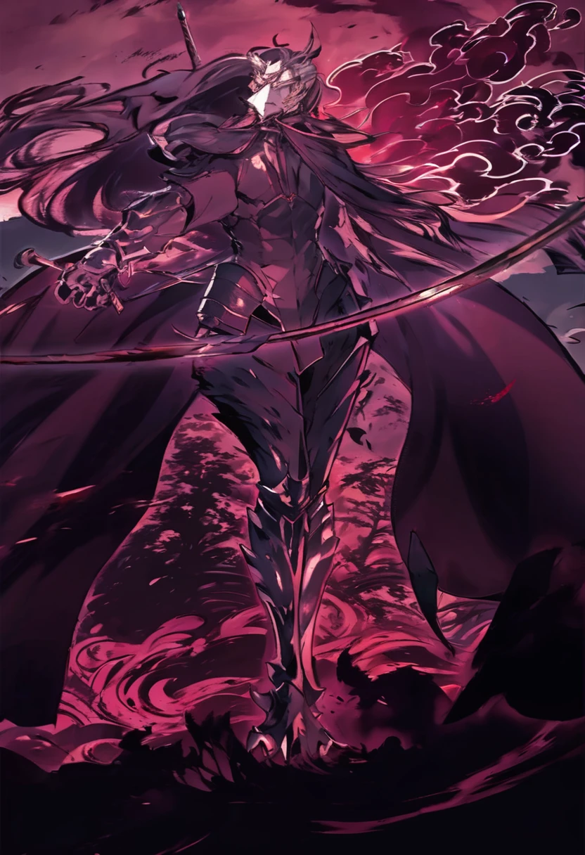 anime character with a sword and a cape standing in front of a red sky, beautiful male god of death, from overlord, shalltear bloodfallen, the former demon king, demon slayer artstyle, trigger anime artstyle, detailed key anime art, shalltear from overlord, anime epic artwork, portrait of ninja slayer, zerochan art