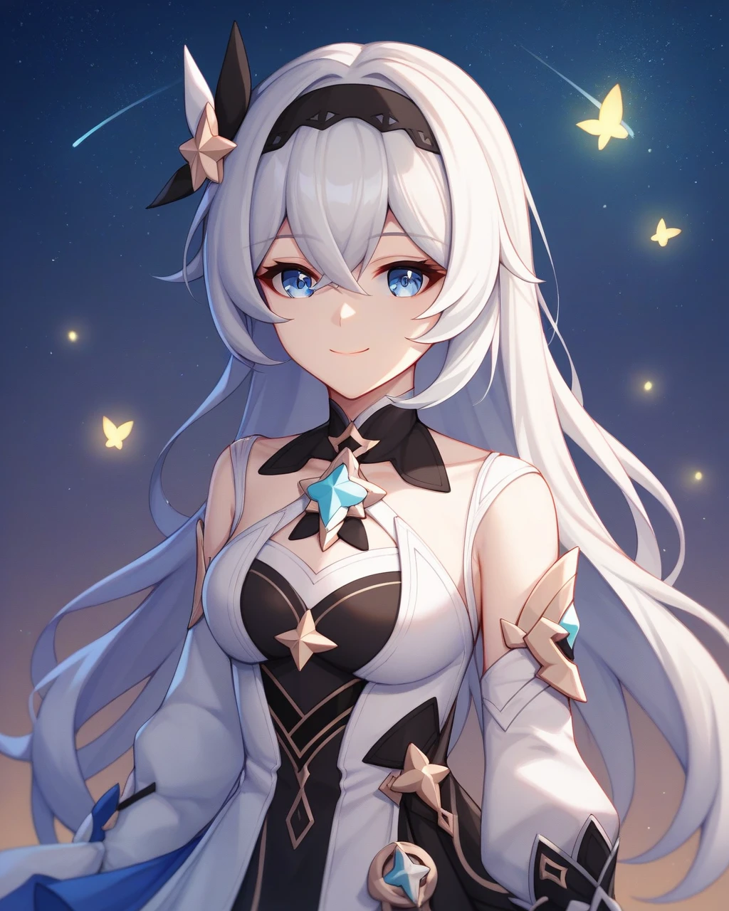 masterpiece,best quality,firefly \(honkai: star rail\), 1girl, solo, sky, star_\(sky\), looking_at_viewer, smile, long_hair, starry_sky, blue_eyes, bangs, night, hairband, night_sky, closed_mouth, white_hair, long_sleeves, black_hairband, wing_hair_ornament, hair_ornament, dress, hair_between_eyes