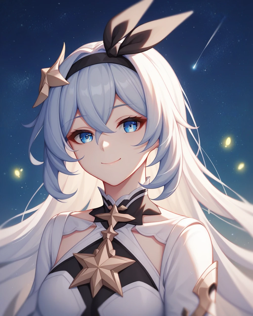 masterpiece,best quality,firefly \(honkai: star rail\), 1girl, solo, sky, star_\(sky\), looking_at_viewer, smile, long_hair, starry_sky, blue_eyes, bangs, night, hairband, night_sky, closed_mouth, white_hair, long_sleeves, black_hairband, wing_hair_ornament, hair_ornament, dress, hair_between_eyes