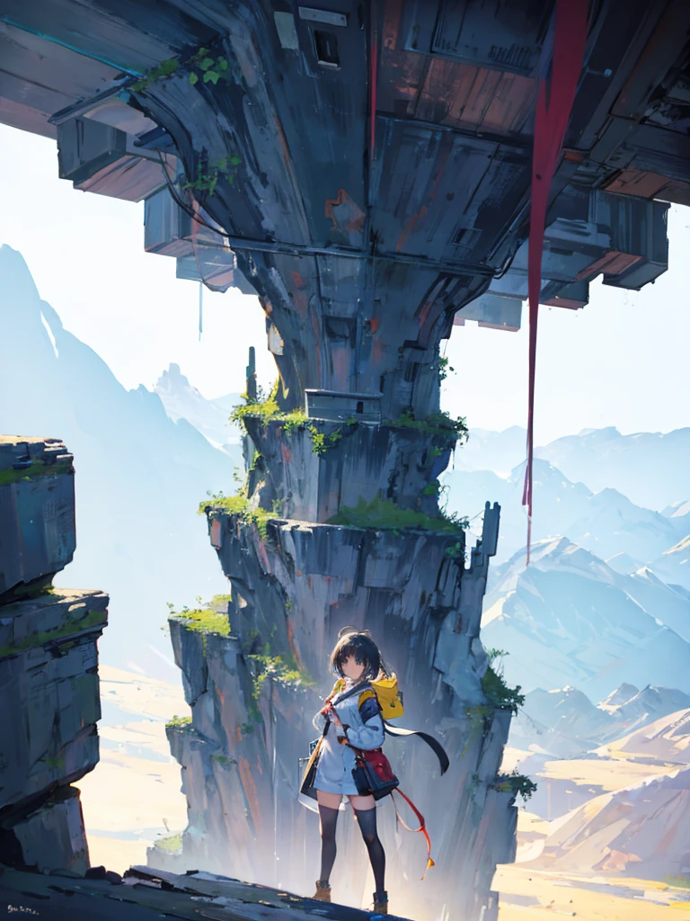 a young female adventurer, she is standing in front of the tower, looking up, low angle, the background, A huge tower nestled in a magnificent canyon, magnificent and fantastic scenery, beautiful girl, vivid color