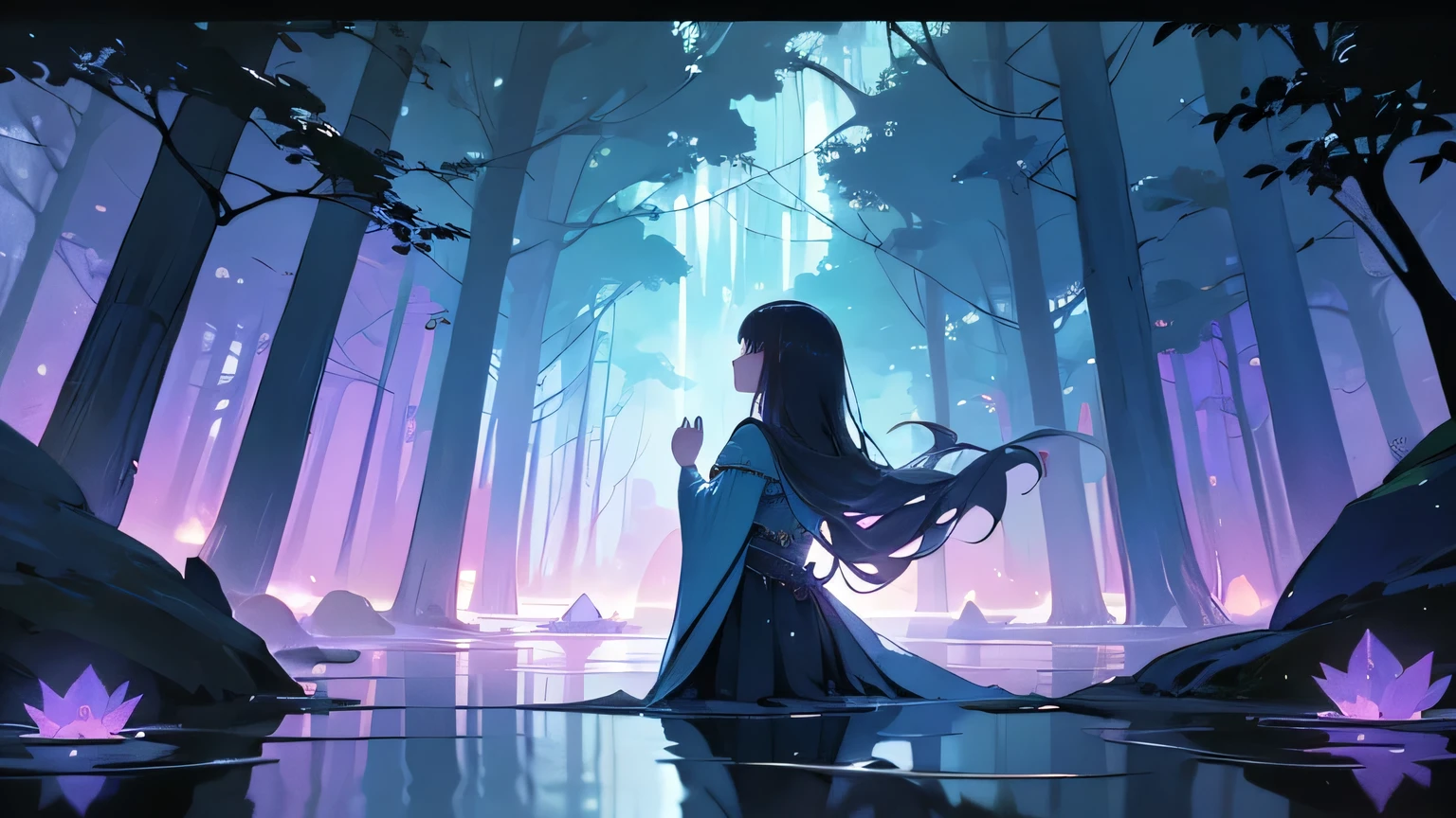 (masterpiece:1.3),(highest quality:1.3),(HDR:1.3),ambient light,ultra-high quality,(ultra detailed original illustration),8k,(((((1 girl, back view))))),A mystical illustration for the theme "Mystic Sanctuary" featuring a solitary young girl,about 18 years old,with long,flowing dark hair adorned with luminescent flowers. She wears an ethereal,flowing robe in shades of deep purple and midnight blue,embroidered with silver star patterns. The girl stands barefoot on a crystal-clear pond,her reflection rippling beneath her. Her pose is graceful,arms outstretched,palms upward,as if communing with nature. Her gaze is directed upward,eyes filled with wonder. The background showcases an ancient,overgrown temple hidden within a lush,bioluminescent forest. Towering trees with glowing leaves frame the scene,their branches intertwining to form natural archways. Floating lanterns and fireflies add points of warm light throughout the composition. The angle is slightly low,looking up at the girl,emphasizing her connection to the mystical surroundings. The color palette consists of deep,rich purples,blues,and teals,accented with touches of gold and silver for magical elements. The art style blends realism with fantasy,incorporating intricate details and a dreamy quality. The main light source is moonlight filtering through the canopy,creating dappled patterns on the water and temple ruins. Secondary lighting comes from the bioluminescent plants and floating lights,casting a soft,otherworldly glow. The painting technique uses a combination of smooth blending for skin and water,and textured brushstrokes for foliage and stone. Atmosphere is enhanced with a subtle mist and particles of magic dust in the air. Official art,digital painting,cinematic,atmospheric perspective,volumetric lighting,hyper-detailed.,