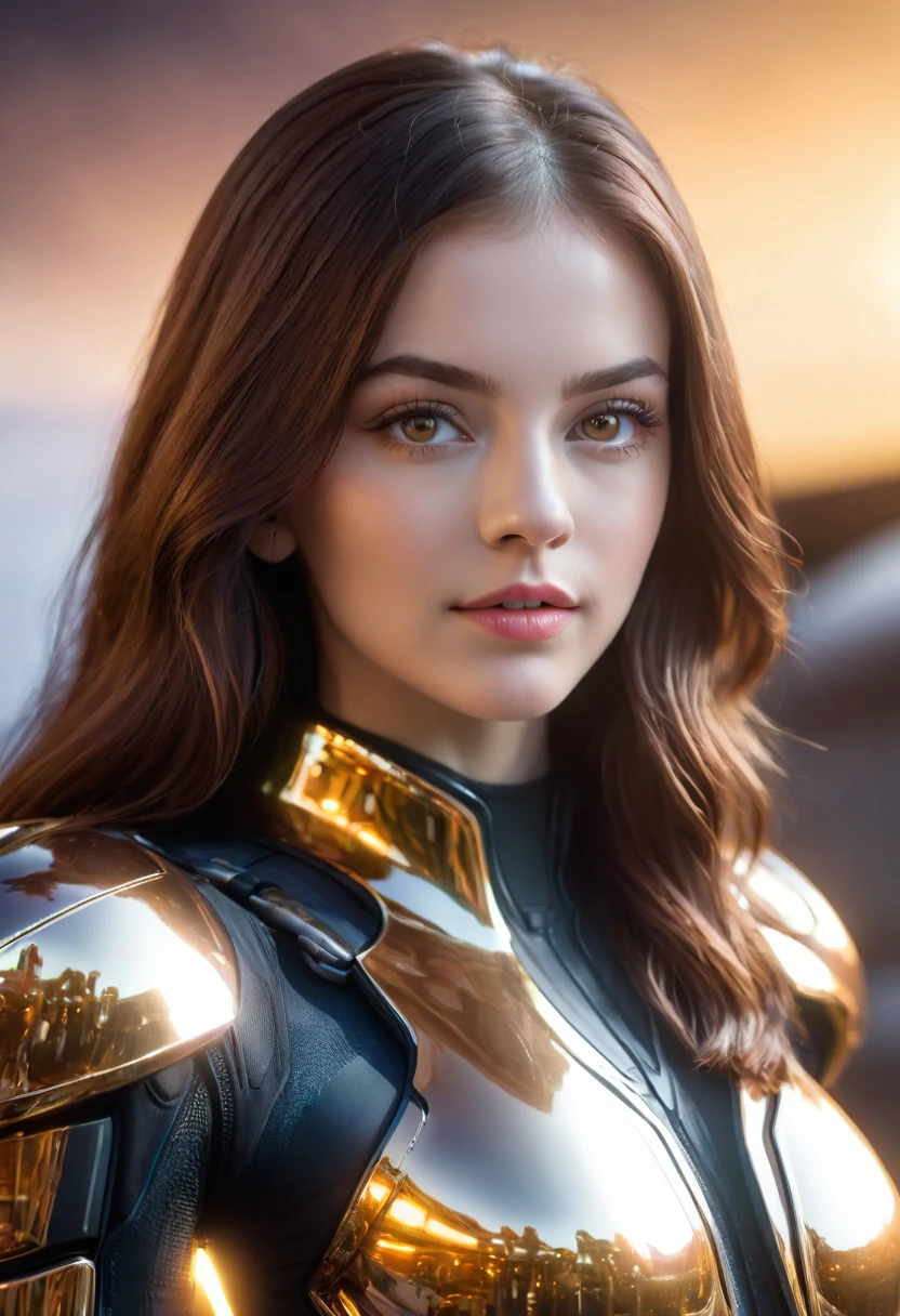 a beautiful 19 yo Arkansas woman with long brown hair, amber eyes, wearing a New Foundland military space battle suit next to gold and chrome futuristic Venusian spacecraft, intricate detailing, HDR, vibrant contrast, 32k resolution, luminism lighting techniques, ultra-realistic digital render, bokeh, mass effect, close up black, beauty, pure perfection, divine presence, unforgettable, impressive, breathtaking beauty, Volumetric light, auras, rays, 8k uhd, dslr, soft lighting, high quality, natural textures 8k masterpiece canon eos r4s 50