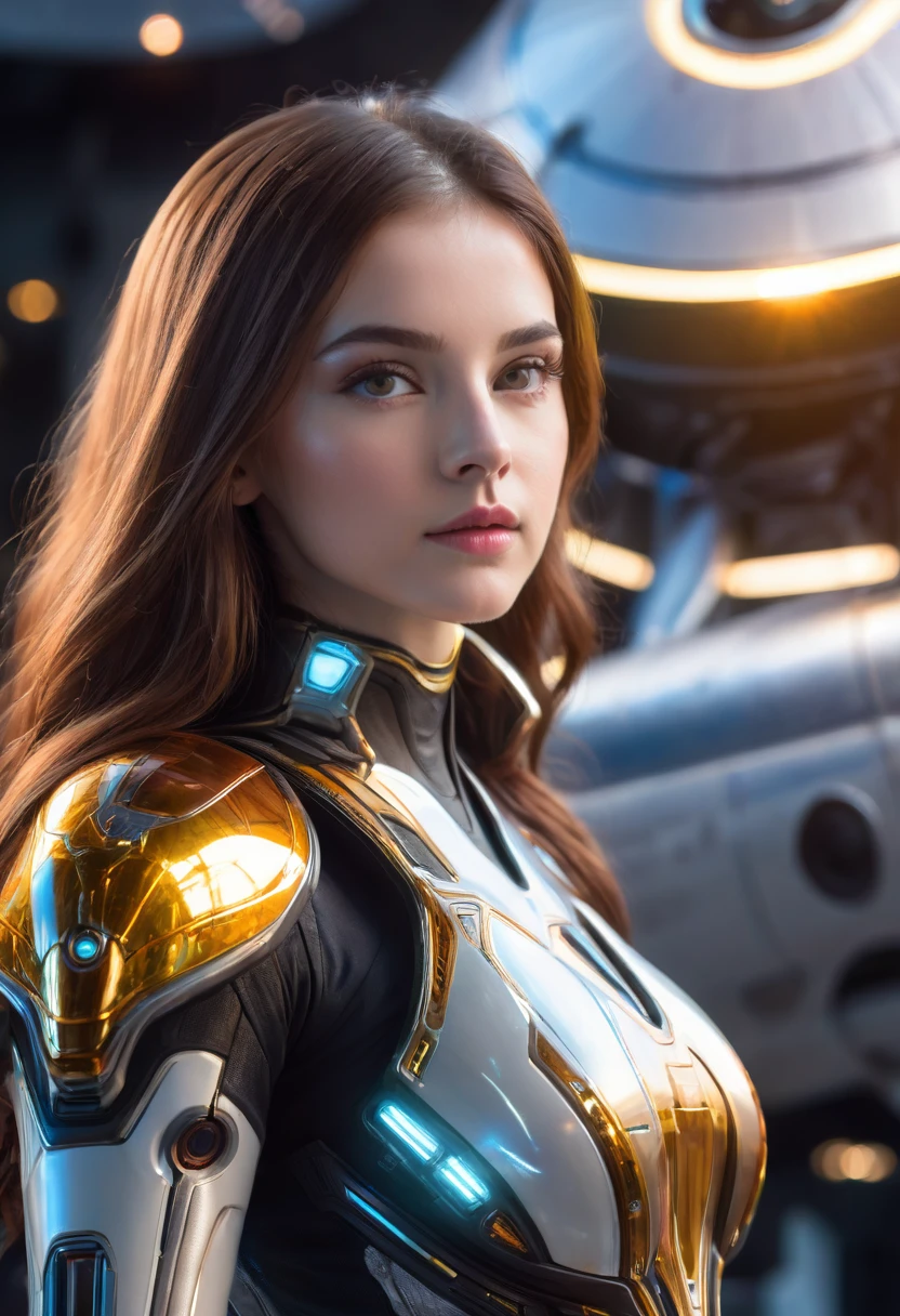 a beautiful 19 yo Arkansas woman with long brown hair, amber eyes, wearing a New Foundland military space battle suit next to gold and chrome futuristic Venusian spacecraft, intricate detailing, HDR, vibrant contrast, 32k resolution, luminism lighting techniques, ultra-realistic digital render, bokeh, mass effect, close up black, beauty, pure perfection, divine presence, unforgettable, impressive, breathtaking beauty, Volumetric light, auras, rays, 8k uhd, dslr, soft lighting, high quality, natural textures 8k masterpiece canon eos r4s 50