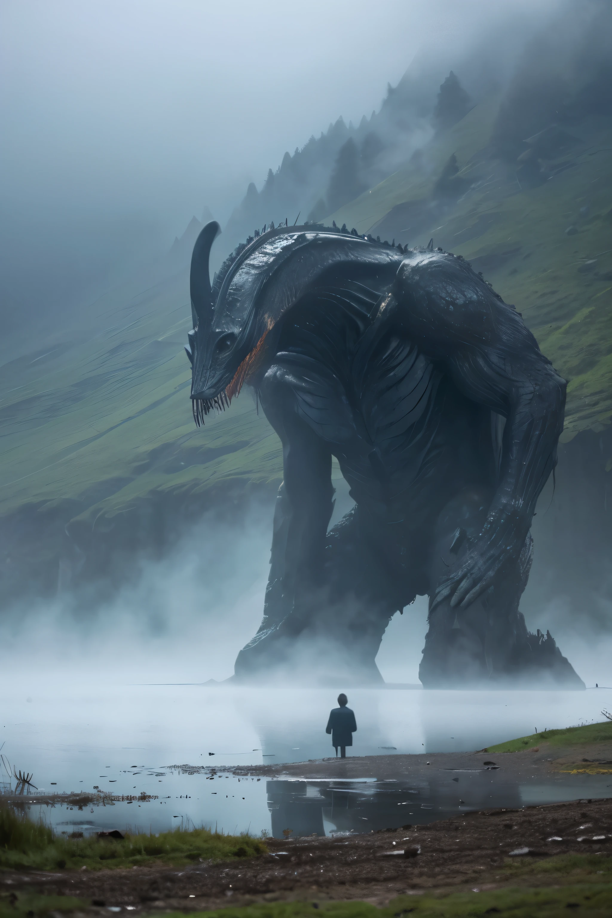 A giant creature with a long, thin neck emerging from the misty lake.