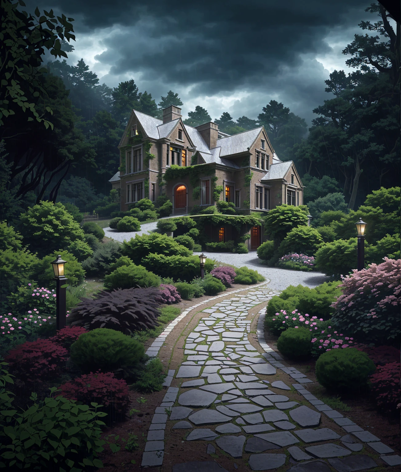 The Romanesque Revival mansion, accessed by a winding stone path, is surrounded by an English garden. There is a dense forest behind the house. There is a dark cloud above the house, which portends a downpour. The lights in the windows are off.