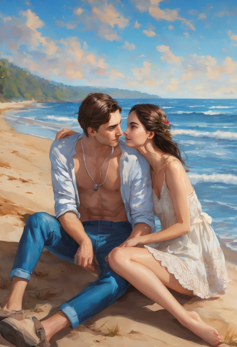 A tall guy, a blue-eyed brunette, and a fair-haired, brown-eyed girl are sitting on the seashore, the guy is stroking the girl’s back