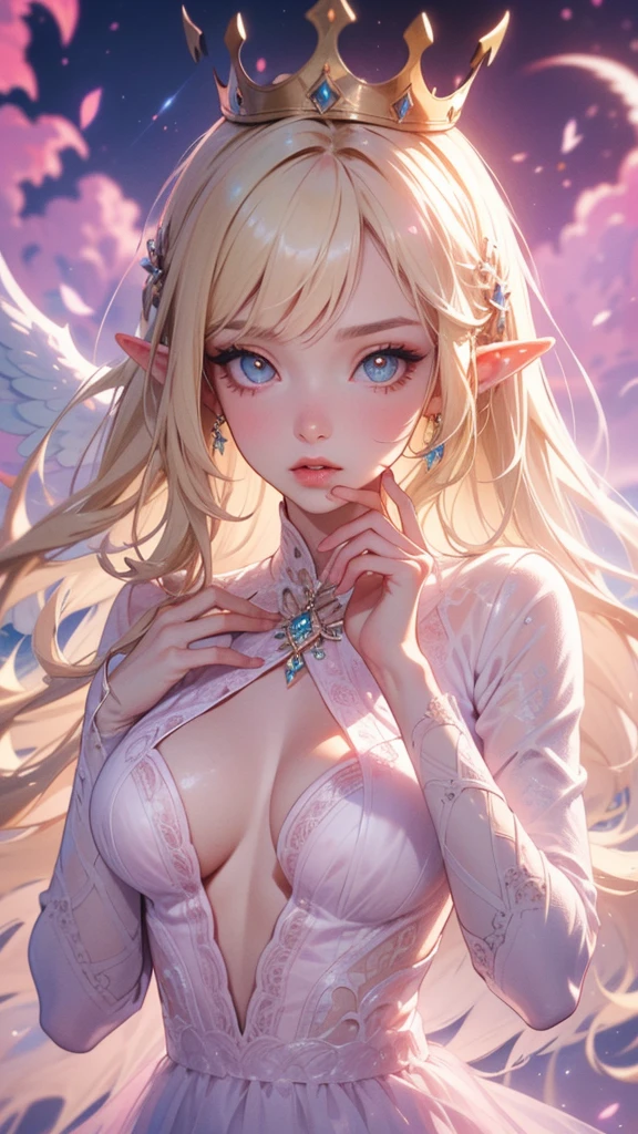 work of art, ultra creative, epic details, ultra detaild, best resolution, Woman, blonde, (BEAUTIFUL ELF), crown with crystals ((rosto angelical)), sculptural body, pink and white clothes, ((perfect hands))), pink scenery, no mistakes, (((epic details na face))), (((olhos ultra detailds)))
