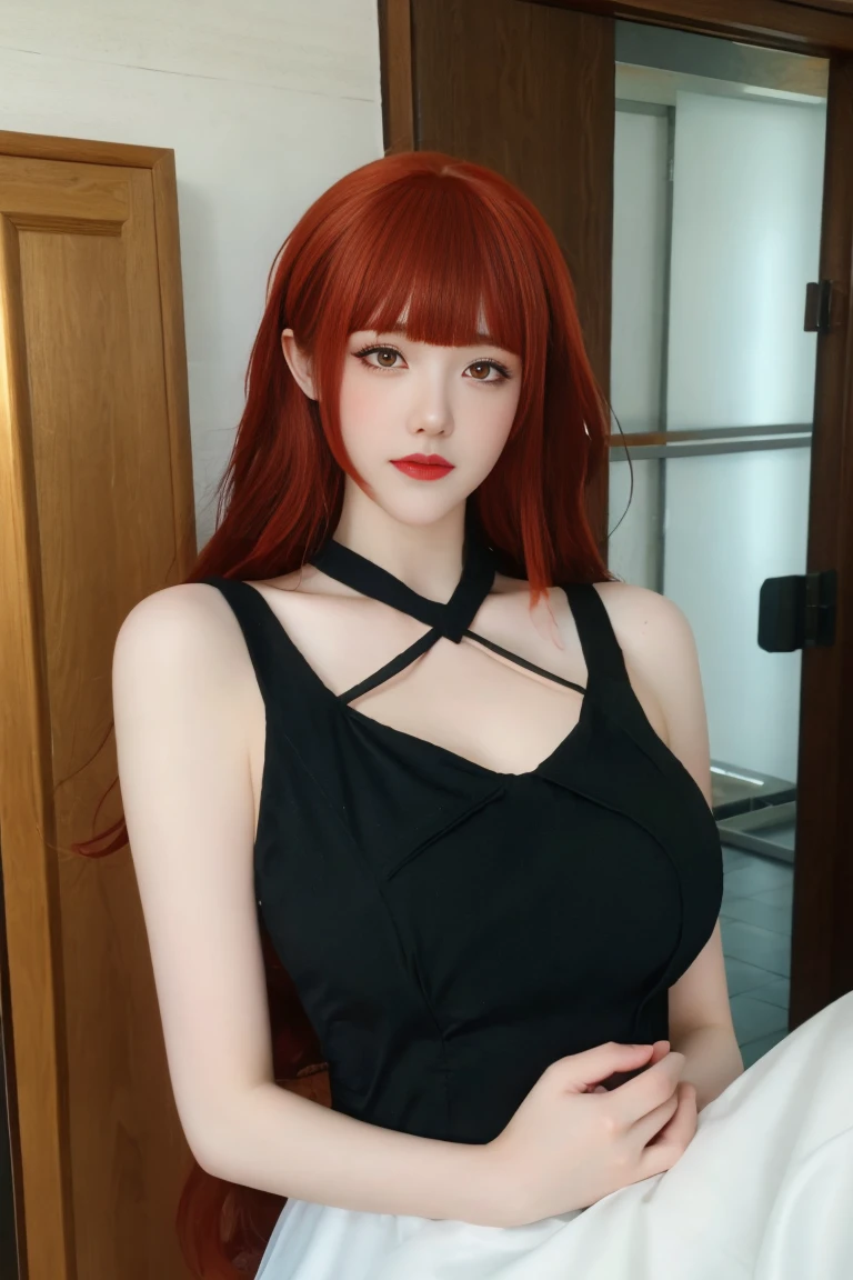 best quality, tmasterpiece,Ultra-high resolution,Clear face,(Reality:1.4),ferpect lighting,(upper body photo), (photorealistic:1.50), anime wallpaper, Guviz style artwork, cover-up fantasy up to magic , by Yang J, Guviz, beautiful artwork illustration, beautiful digital artwork, beautiful digital illustration, Li Song, beautiful anime portrait, art style in Beauvot, black nightgown, see-through, 1girl, 独奏, (red hair:1.5), long hair, yellow eyes,large breasts,cowboy shot, bangs, pale skin, (white dress), looking at viwer, Sleeveless dress, Hallway, Indoor, room, simple blackground, detail skin Cristal, Glowing skin, Gaming chair, windows, sitting,