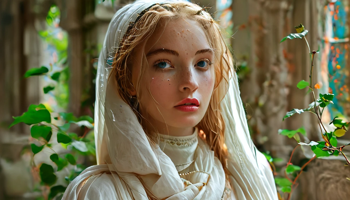 Woman, medieval woman, smile, brown eyes, bald, no visible hair, no hair showing, hair covered, hair completely covered, freckles, white headscarf, veil, white veil, medieval veil, medieval dress, light blue medieval dress, modest dress, golden details, rich, jewelry, 4K, 8K, masterpiece