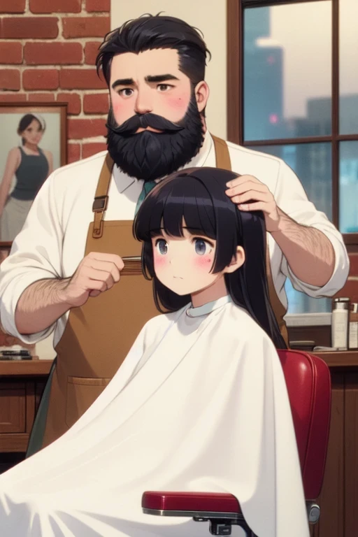 (((masterpiece))), (((Highest quality))), (((Half Body))), (((close))), ((Retro Barber Shop)), ((Two people)), ((Fat bearded man wearing an apron、Comes with a mini comb for combing your hair。)), (((A girl in a white cloth is sitting on a swivel chair))), window, mirror, Portrait poster, Faded red brick wall, Black Hair, Long Hair, Hime cut, shy, blush, big ,  shape, ((night)), (((Twilight))),