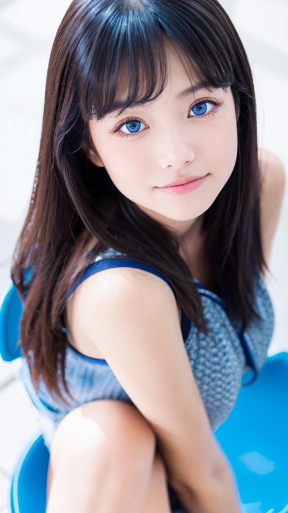 Her left eyes is blue, she is sitting on a chair.