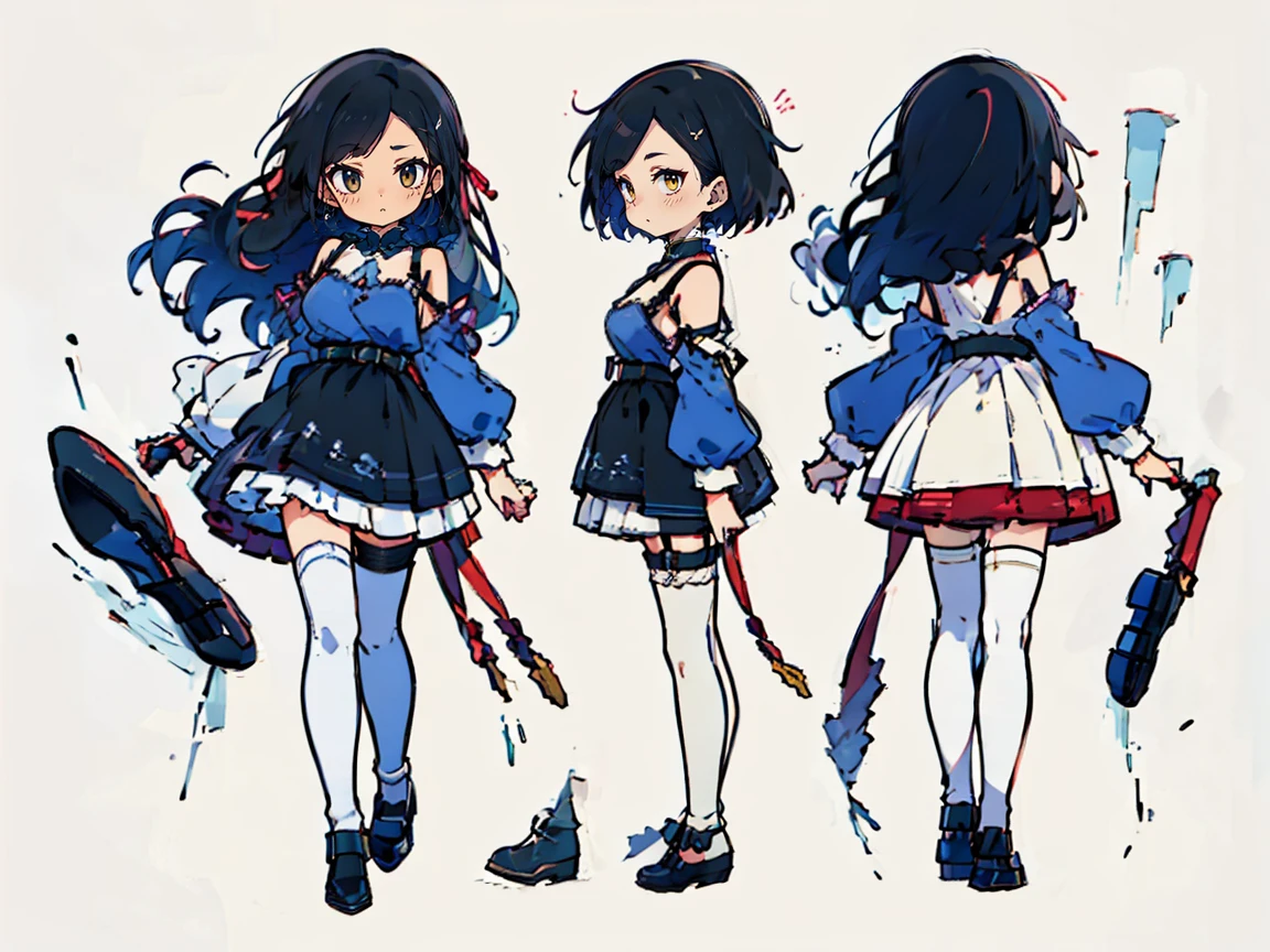 (((three-sided view, front view, side view, back view, multiple views, multiple poses and expressions, many parts)), concept art, character concept art, character sheet, Full body, illustration, (simple background, gray background), 1 character, 1girl, fantasy art:1.1), (hui xiyi:0.8), rekkyo sensen, rekkyou sensen, girls with((black hair, bangs, (one side up, long wavy hair, ribbon:1.55), perfect hands, perfect fingers, (exposed breasts, tits cleavage, breasts close up:1.2), dress((suspenders, dress, belt, nun:1.15), (blue clothes, frills shirt, white knit sweater, long sleeves, frills dress, frills skirt, wind blowing dress, long sleeves, (white legwear:1.55), thighhighs, black footwear, strap shoes:1.42))