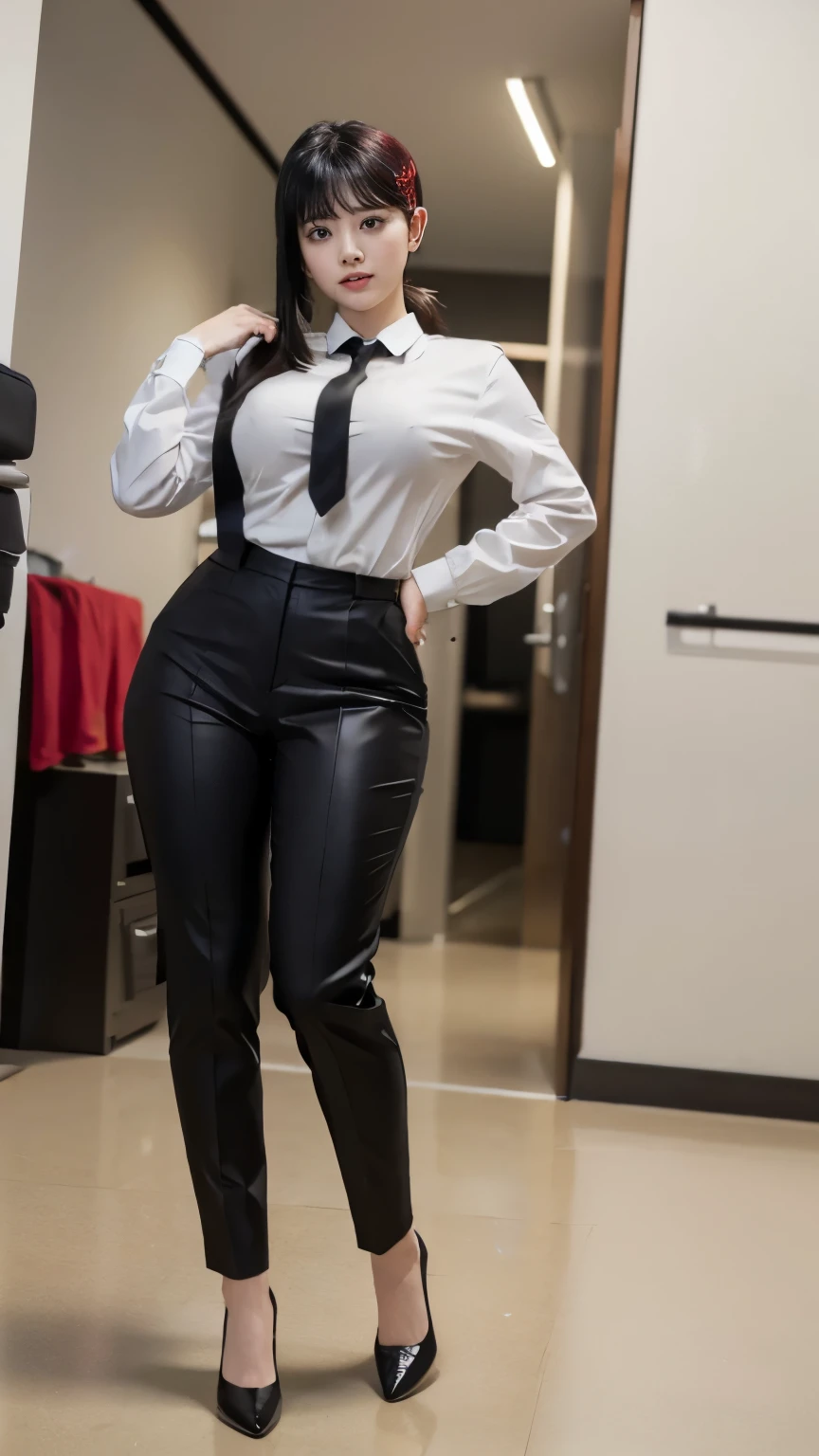 Highest quality、Ultra-high resolution、Professional Lighting、Detailed Background、workroom、full body,Kobeni-chan、A sloppy smile、25-year-old woman、beautiful girl、(Kobeni-chan、Jet black hair, Black Hair, bangs, One-sided hair,)、(Red Hair Clip:1.1)、(White shirt:1.2)+(Black tie:1.2)+(black long pants for work:1.2)、(Huge breasts that look like they might burst:1.2)、(Big thighs:1.1)、Are standing、Model pose