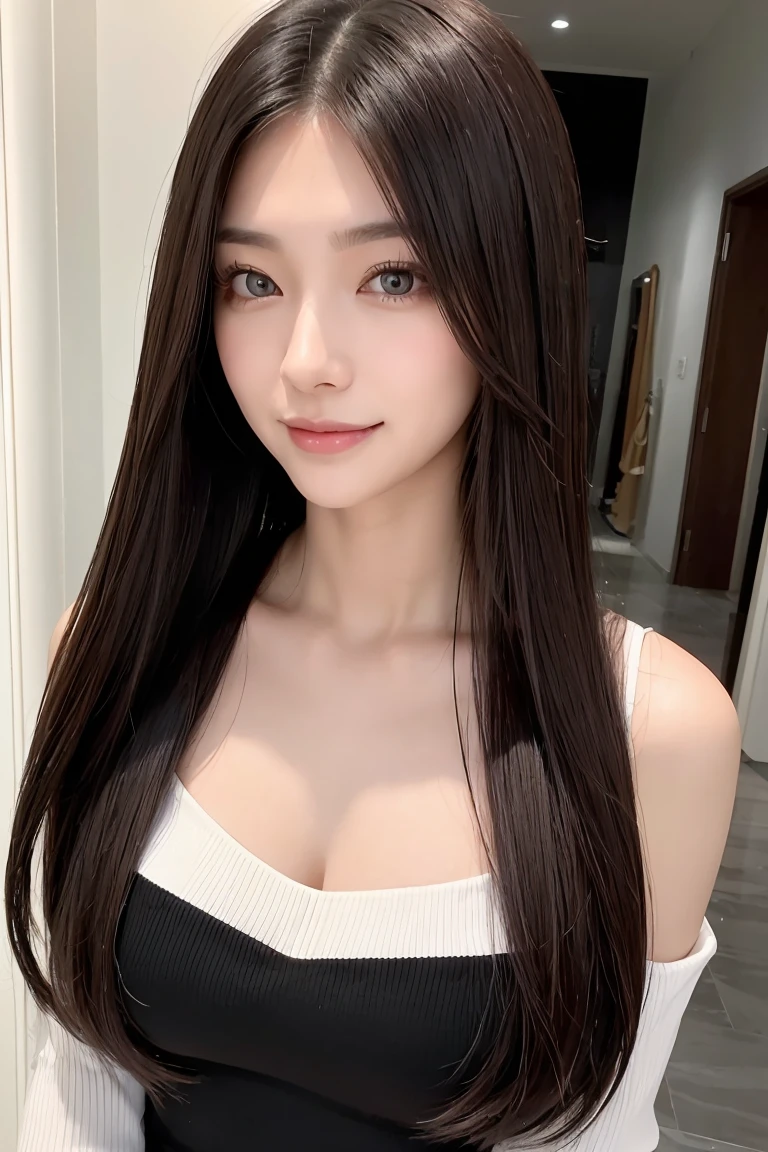 24-year-old female、Hair color is black、The eye color is dark brown、Super long hair、Straight hair、A slender but well-proportioned muscular woman、Laughter、I'Wearing a necklace、Wrist Accessories、Wearing transparent tops、I'm wearing high heels、Wear light pants、Laughter、wear a lace choker、I'm in a marble building、Too beautiful hair、shiny hair、Beautiful hair illuminated by the morning sun、White tank top、Large, slanted eyes、Cat face