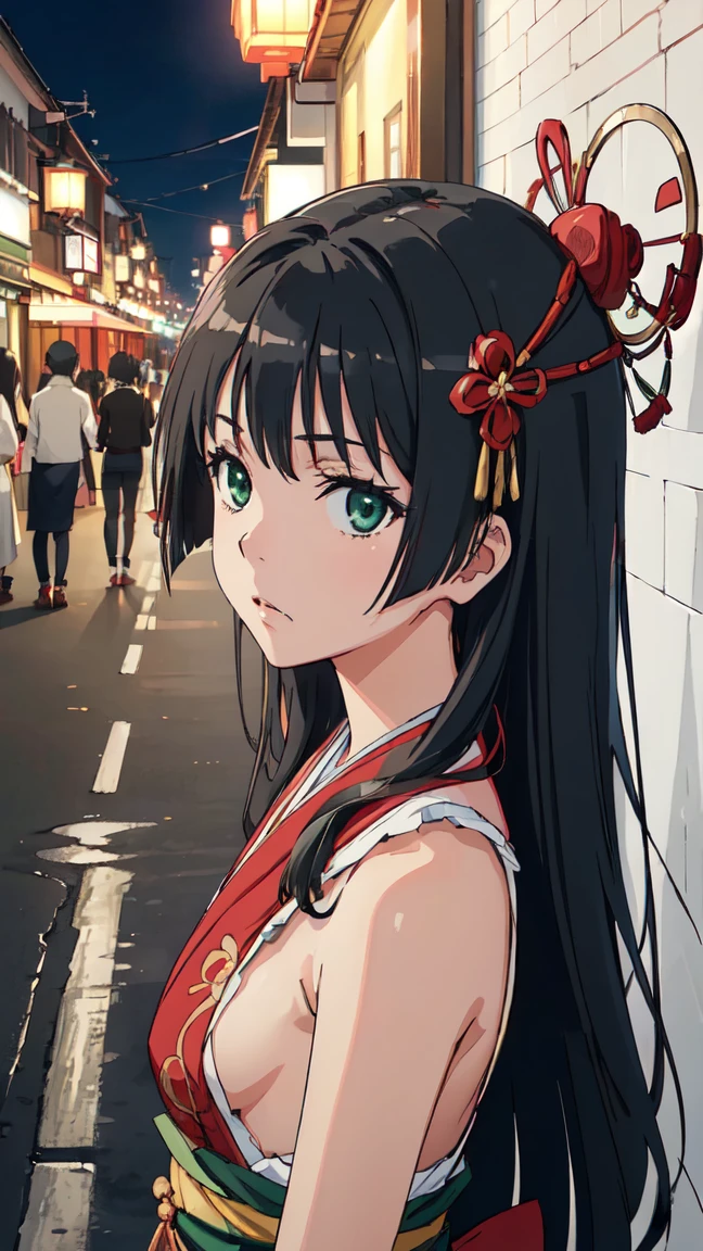  (High resolution:1.4), (masutepiece:1.2), (High quality:1.3) 1girl, saten ruiko, green eyes, long hair, black hair, small breast, Oiran fashion, The city of Kyoto, cinematic lighting,  pov, dynamic angle, 