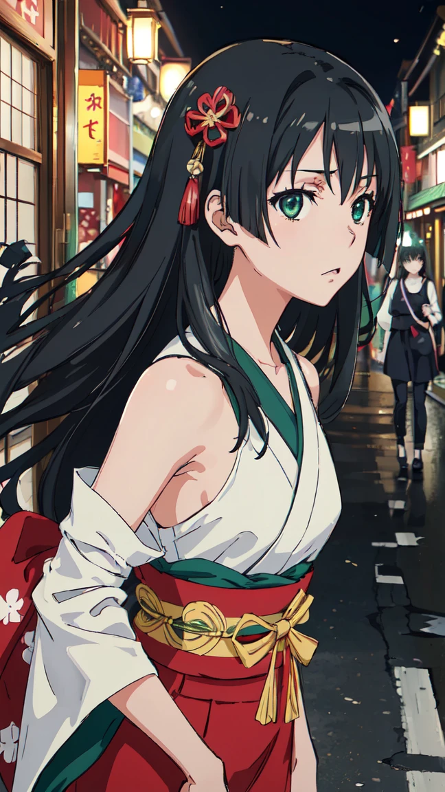  (High resolution:1.4), (masutepiece:1.2), (High quality:1.3) 1girl, saten ruiko, green eyes, long hair, black hair, small breast, Oiran fashion, The city of Kyoto, cinematic lighting,  pov, dynamic angle, 