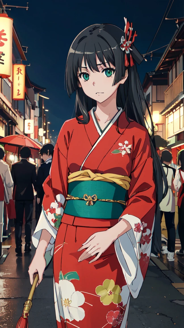  (High resolution:1.4), (masutepiece:1.2), (High quality:1.3) 1girl, saten ruiko, green eyes, long hair, black hair, small breast, Oiran fashion, The city of Kyoto, cinematic lighting,  pov, dynamic angle, 