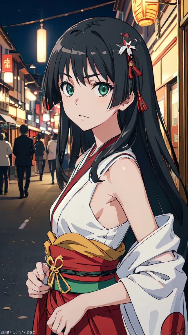  (High resolution:1.4), (masutepiece:1.2), (High quality:1.3) 1girl, saten ruiko, green eyes, long hair, black hair, small breast, Oiran fashion, The city of Kyoto, cinematic lighting,  pov, dynamic angle, 