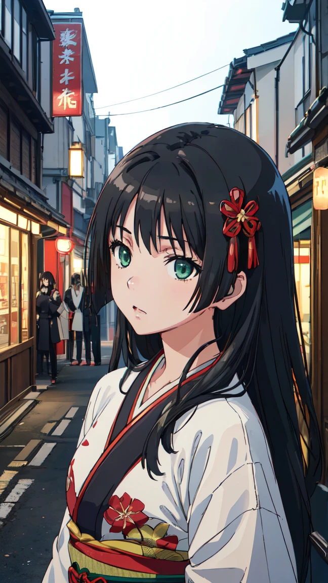  (High resolution:1.4), (masutepiece:1.2), (High quality:1.3) 1girl, saten ruiko, green eyes, long hair, black hair, small breast, Oiran fashion, The city of Kyoto, cinematic lighting,  pov, dynamic angle, 