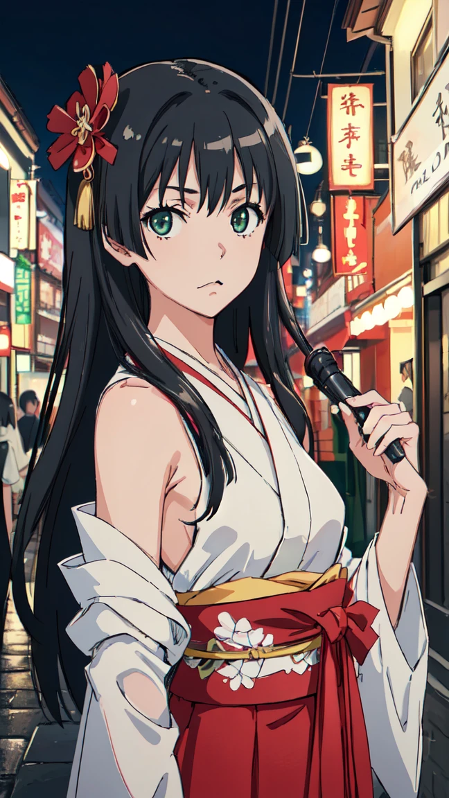  (High resolution:1.4), (masutepiece:1.2), (High quality:1.3) 1girl, saten ruiko, green eyes, long hair, black hair, small breast, Oiran fashion, The city of Kyoto, cinematic lighting,  pov, dynamic angle, 