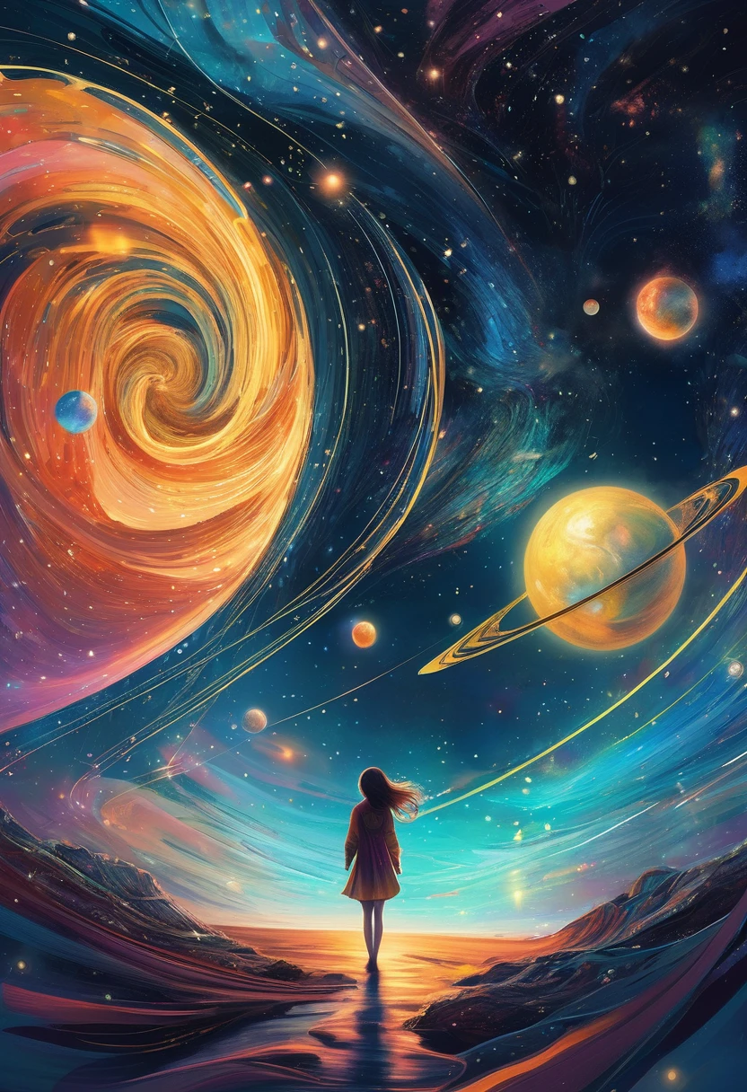 Winged Girl、Girl flying in space、Starry Skyを飛ぶ少女、color々なcolorの星の光、diego gisbert lawrence、Joe San Gonzalez Dan Mumford、Picture book illustrations、Psychedelic Art、One Girl、Starry Sky、nebula、Swirl、water、vague、superwide shot、Highest quality、Ultra-detailed、Intensive、Golden ratio composition、