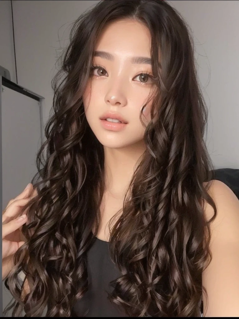 a close up of a woman with long encaracolado hair and a black top, long encaracolado hair, long messy encaracolado hair, long encaracolado hair intricate, with long encaracolado hair, encaracolado long hair, encaracolado, brown encaracolado hair, long dark encaracolado hair, long encaracolado brown hair, encaracolado hair, encaracolado haired, messy encaracolado hair, with a encaracolado perm, encaracolado brown hair