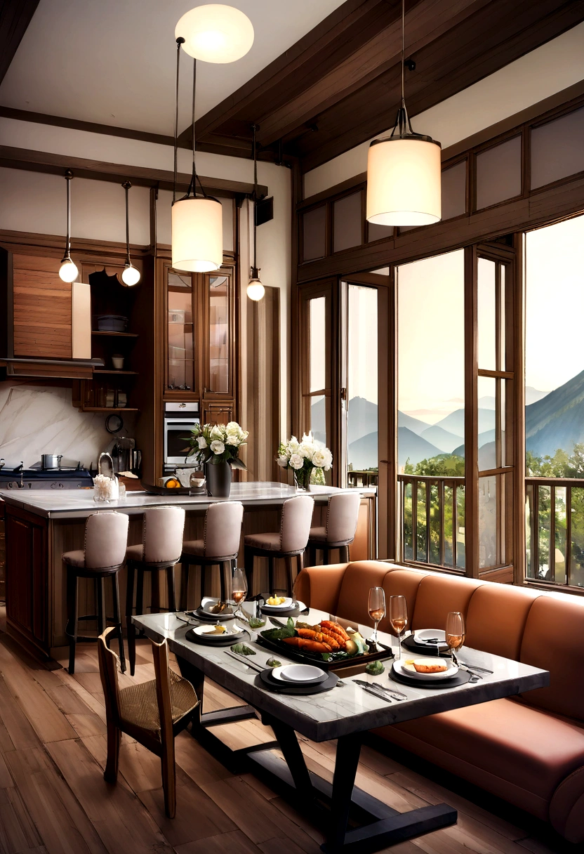 You enter the apartment through a solid wooden door，Instant luxury and comfort. Polished dark wood floors create a solid and elegant foundation for the space. On your left, The living room is decorated with soft leather sofas in neutral tones, Around glass coffee table provided. Large floor-to-ceiling windows allow natural light to filter into the room，Enjoy stunning views of the surrounding majestic mountains.

The living room opens to the gourmet balcony through sliding glass doors. Spacious balcony，Equipped with everything you need for outdoor dining and entertaining. There is a state-of-the-art stainless steel gas grill, Elegant sink and food preparation area with granite countertops. A rustic wooden dining table paired with comfortable chairs，The perfect place to enjoy outdoor dining，While enjoying the stunning views of the green mountains.

The adjacent kitchen is modern，Equipped with stainless steel appliances, Built-in Cabinetry and Under-Cabinet Lighting. The central island is flanked by elegant white marble balconies, Provide space and