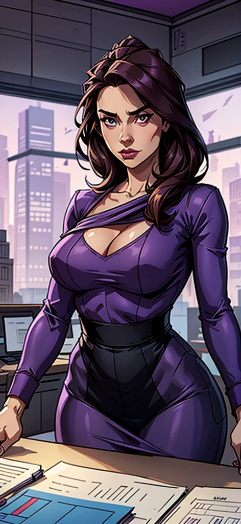 Create an image of a female architect wearing purple clothes, showing clear disinterest in a smartphone. She should be holding the phone, but her focus should be on architectural plans, sketches, or a model. The setting can be an office or a creative studio, emphasizing her dedication to her work and ideas over digital distractions. The overall mood should convey her deep concentration on her projects and her disregard for the phone.